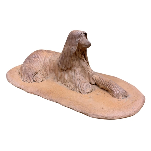 1472 - Deborah McCabe (20th/21st century) sitting Afghan Hound, clay sculpture, signed and dated, L 34cm x ... 