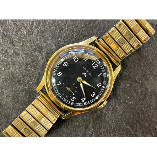 4 - Unusual Longines military 'Dirty Dozen' style gents gold plated watch, 35mm case, black dial with Ar... 