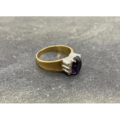 27 - 18ct amethyst and diamond cocktail ring, 1ct amethyst flanked by six small diamonds, on matt texture... 