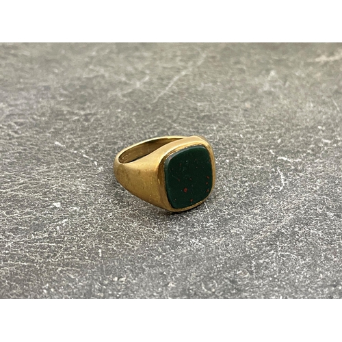 31 - 9ct bloodstone signet ring, maker Fred Manshaw, size L/M, 4.4g...