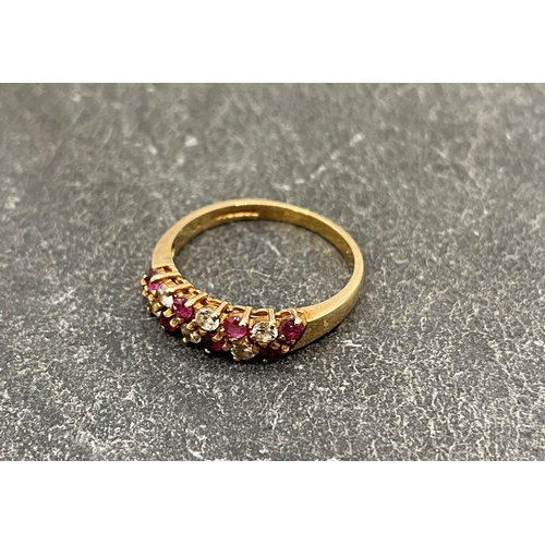 33 - 9ct ring and earrings garniture, with pink sapphires and white stones, ring size O/P, 3.1g with a si... 