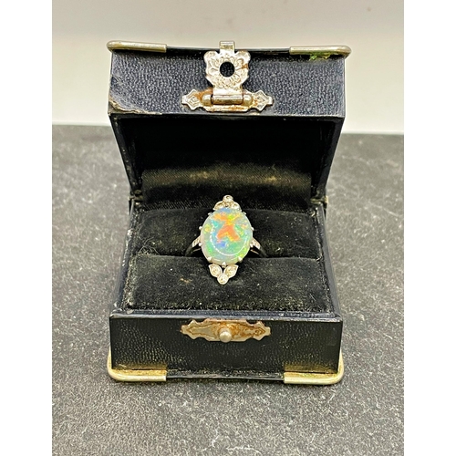 43 - Impressive antique black opal and diamond oval cluster ring, the opal 17 x 14mm approx, size P/Q, 4.... 