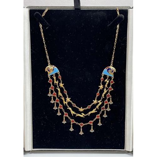 48 - Impressive Egyption Revival 14ct and enamel fringe three row necklet, one row with vultures over goa... 