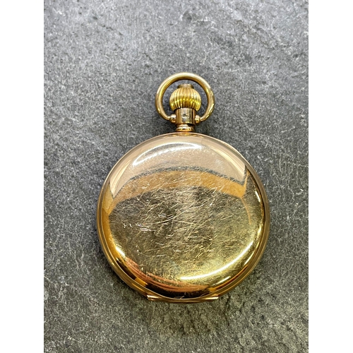 11 - Omega 9ct half hunter pocket watch, 46cm case, enamel dial with subsidiary second dial, Dennison cas... 