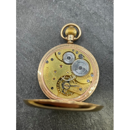 11 - Omega 9ct half hunter pocket watch, 46cm case, enamel dial with subsidiary second dial, Dennison cas... 