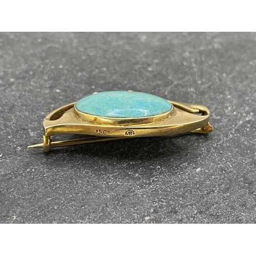 59 - Murrle Bennett - Art Nouveau 15ct turquoise and seed pearl brooch, 19 x 33mm, 5.6g