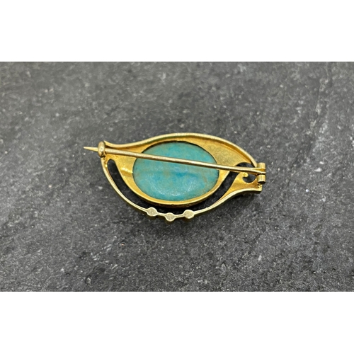 59 - Murrle Bennett - Art Nouveau 15ct turquoise and seed pearl brooch, 19 x 33mm, 5.6g