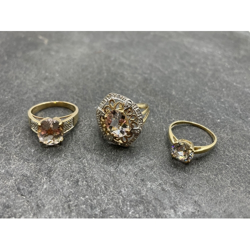 62 - 9ct gold ring set with a single cushion cut mystic quartz, size N, together with another 9ct gold ri...