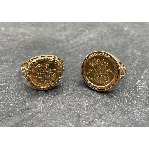 64 - Two similar 9ct sovereign style rings, sizes P and T/U, 6.5g (2)...