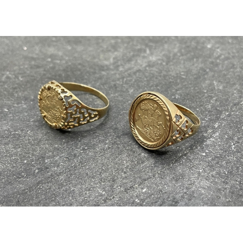 64 - Two similar 9ct sovereign style rings, sizes P and T/U, 6.5g (2)...