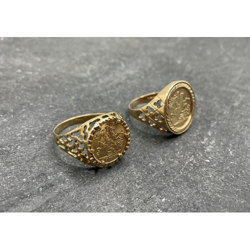 64 - Two similar 9ct sovereign style rings, sizes P and T/U, 6.5g (2)