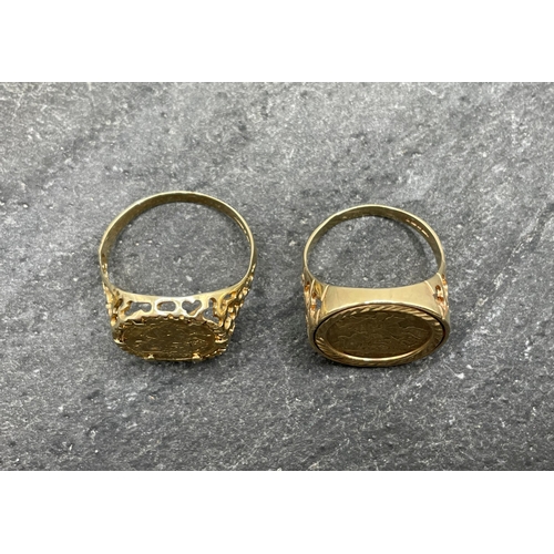 64 - Two similar 9ct sovereign style rings, sizes P and T/U, 6.5g (2)