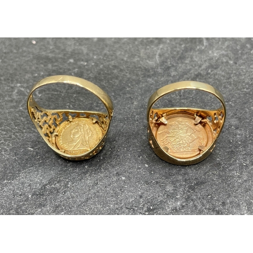 64 - Two similar 9ct sovereign style rings, sizes P and T/U, 6.5g (2)