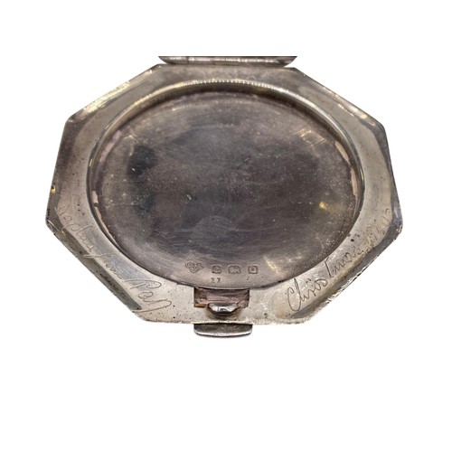 115 - Good WWII military silver compact, with Queen's Regiment crest and enamel band, inscribed to the int... 