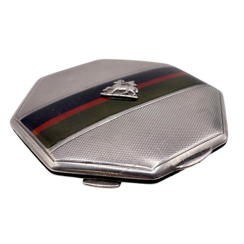 115 - Good WWII military silver compact, with Queen's Regiment crest and enamel band, inscribed to the int... 