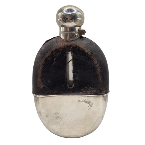 117 - Victorian leather clad and silver large hip or hunting flask, screw lock top with cork, maker Willia... 