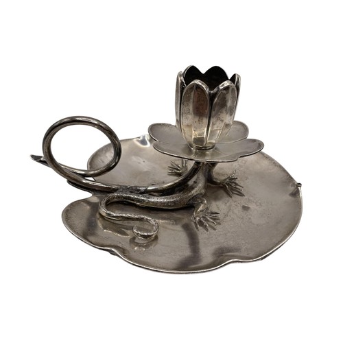 121 - German 800 silver novelty chamber stick in the form of a newt on a lilypad with flower sconce, by De... 