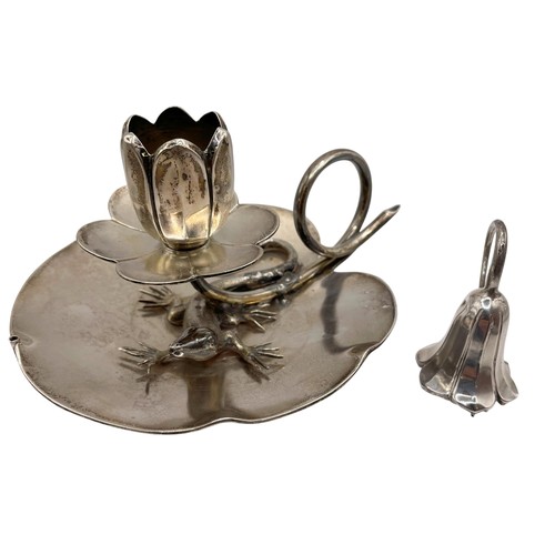 121 - German 800 silver novelty chamber stick in the form of a newt on a lilypad with flower sconce, by De... 