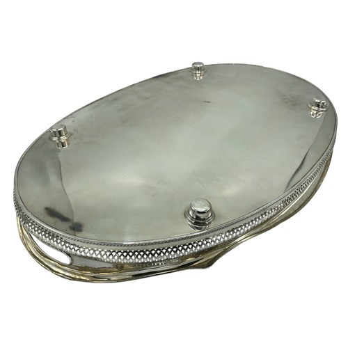 111 - Silver plate oval gallery tray with pierced border and gadrooned edge with integral handles W 62 cm ... 