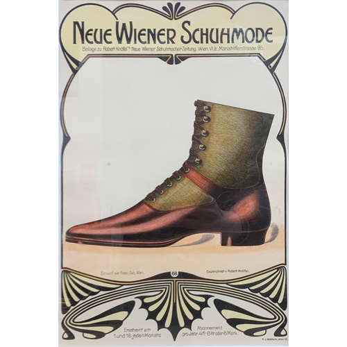 1050 - Advertising - Pair of vintage german hand coloured shoe prints, 'Neue Wiener Schuhmode', 32cm x 22cm... 