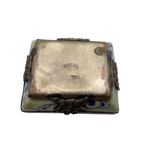 316 - Chinese blue and white porcelain and white metal trinket box, calligraphy marks to the base, 7cm lon... 