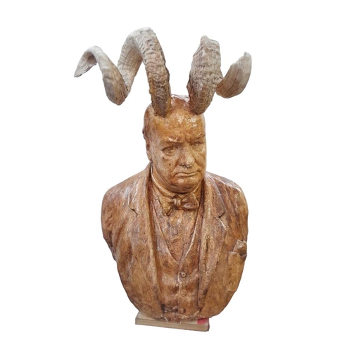 1478 - Anonymous (20th/21st century) - 'Horny Churchill', sculpture in plaster and applique african goat ho... 