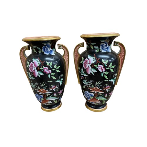 284 - Quantity of Oriental and similar ceramics to include a pair of black ground twin handled floral vase... 