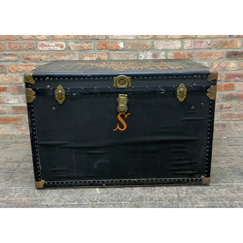 1408 - Antique leatherbound steamer trunk by Oshkosh Trunk Co, having hand painted inscription 'Major T.M S... 