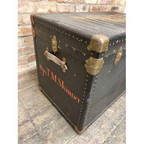 1408 - Antique leatherbound steamer trunk by Oshkosh Trunk Co, having hand painted inscription 'Major T.M S... 