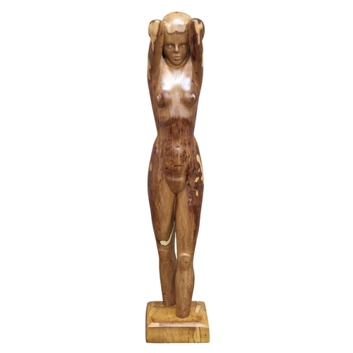 1476 - Carved yew wood sculpture of a nude woman raised on a chamfered square cut base, H 142cm