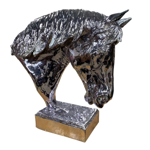 1482 - Large impressive electro-plate resin horse head on base, signed Ben Parling?, 80 x 80cm