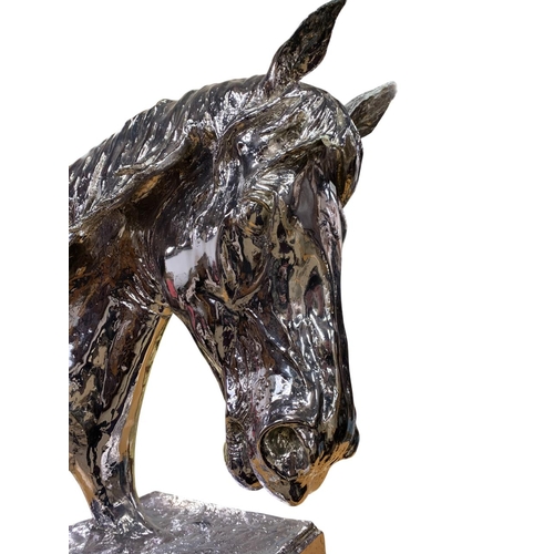 1482 - Large impressive electro-plate resin horse head on base, signed Ben Parling?, 80 x 80cm