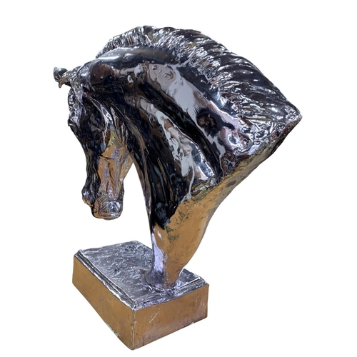 1482 - Large impressive electro-plate resin horse head on base, signed Ben Parling?, 80 x 80cm