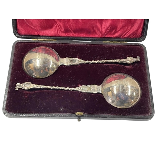 128 - Pair of Edwardian silver anointing apostle spoons, gilt bowls and cast handles, maker John Millward ... 