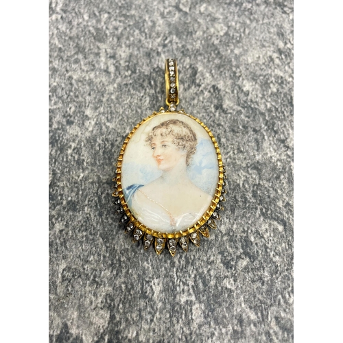 93 - French 18ct gold and diamond portrait miniature oval locket-back pendant, 19.7g gross