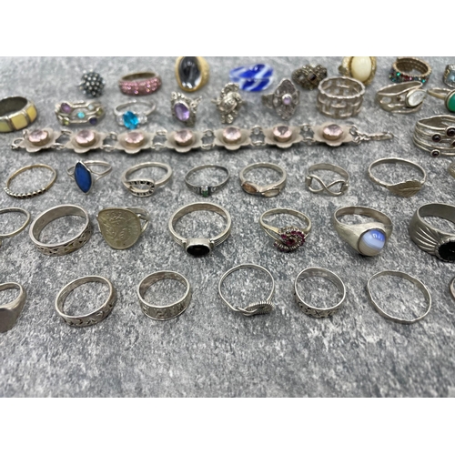 102 - Large collection of fifty two mainly gem set silver rings, 163.3g, with eight further costume rings ... 