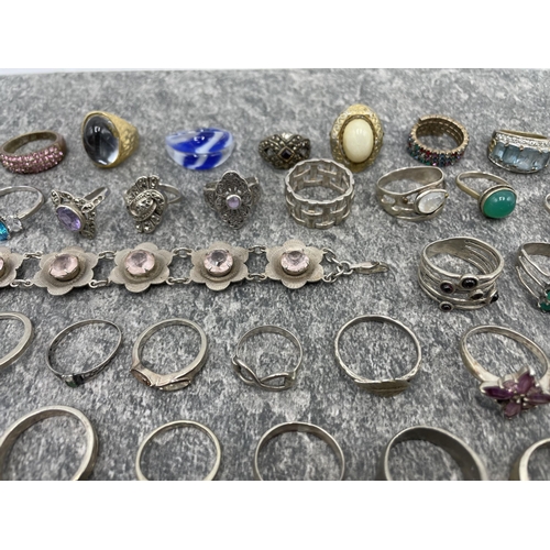 102 - Large collection of fifty two mainly gem set silver rings, 163.3g, with eight further costume rings ... 