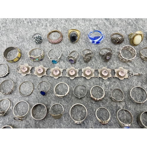 102 - Large collection of fifty two mainly gem set silver rings, 163.3g, with eight further costume rings ... 