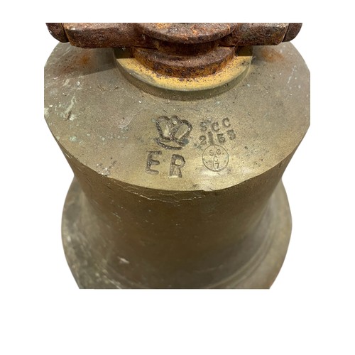 507 - Heavy brass bell, having E.R crown stamp and numerous numerical inscriptions throughout, H 24cm x D ... 