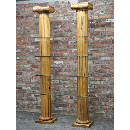 1345 - Contemporary yew wood sectional display unit in the form of Ionic columns, H 240cm x W 113cm x D 33c... 