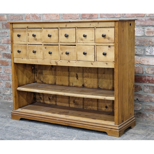 1349 - Antique pine bank of twelve drawers with under shelf, H 97cm x W 118cm x D 37cm