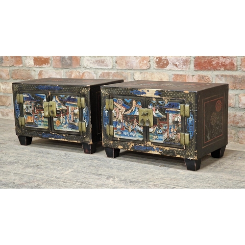 1352 - Pair of Chinese black painted table top cabinets with Chinoiserie detail, H 33cm x W 48cm x D 30cm (... 