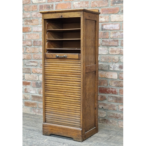 1354 - 20th century oak tambour front cabinet, H 124cm x W 48cm x D 39cm