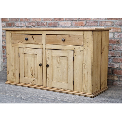 1355 - Antique Pine dresser with two drawers and two cupboard doors, H 66cm x  W 152cm x D 56cm