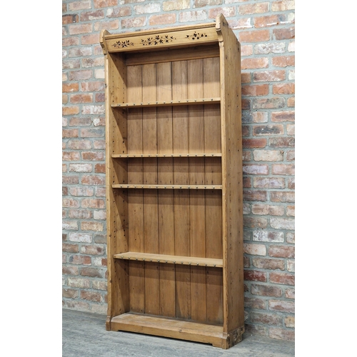 1359 - Bespoke open pine bookcase with pierced foliate detail and four shelves, H 206cm x W 93cm x D 24cm