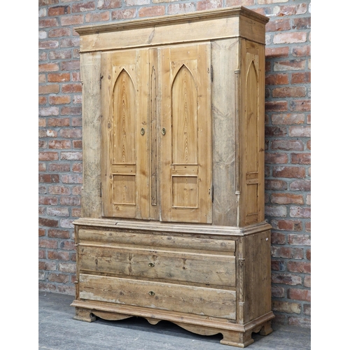 1361 - Gustavian period stripped pine housekeepers cupboard, the top with two arched panelled doors reveali... 