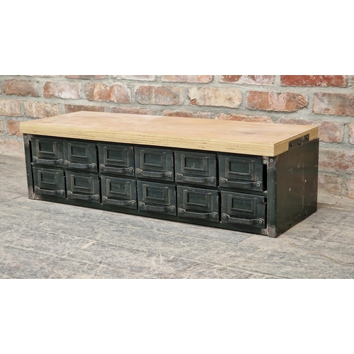 1366 - Vintage industrial metal bank of twelve drawers with wooden top, H 27cm x W 91cm x D 32cm