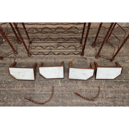 1372 - Vintage three sectional iron wine rack together with matching wall brackets, H 157cm x W 68cm x D 23... 