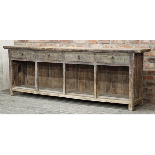 1375 - Good quality shop counter fitted with four drawers, panelled back and exposed joint construction, H ... 