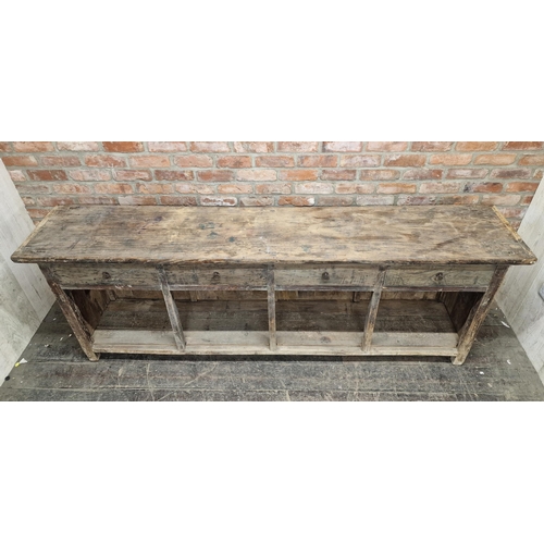 1375 - Good quality shop counter fitted with four drawers, panelled back and exposed joint construction, H ... 